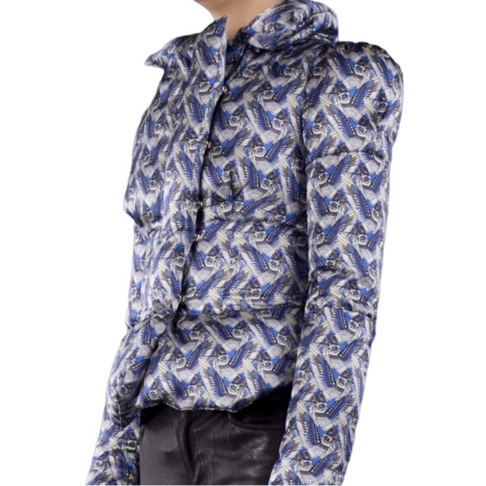 Thomas Wylde silk blue hummingbird print goose down puffer jacket size M